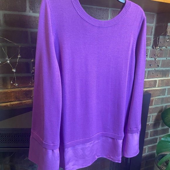 ST. JOHN Purple Knit Sweater with Silk Hem and Tie Back, Size L - Picture 2 of 14